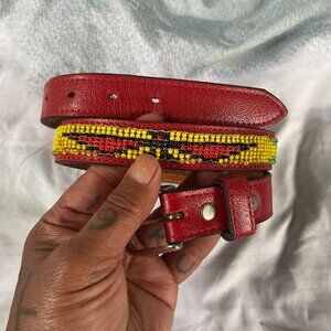 Vintage CIRCLE Y Beaded Thunderbird Red Leather Western BELT 28"